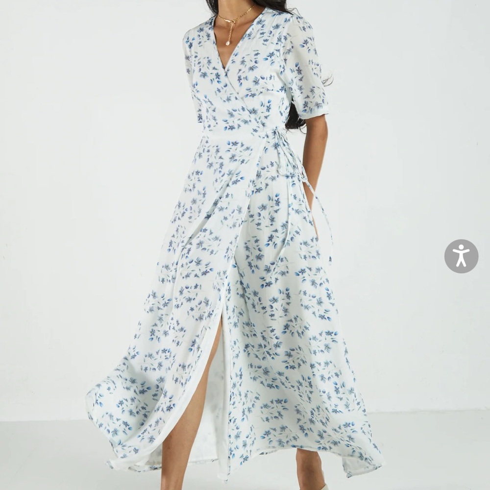 Floral Blue and White Wrap Dress